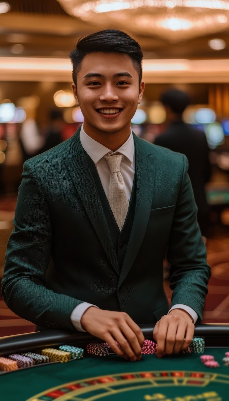 Studio live dealer dengan meja blackjack dan dealer profesional